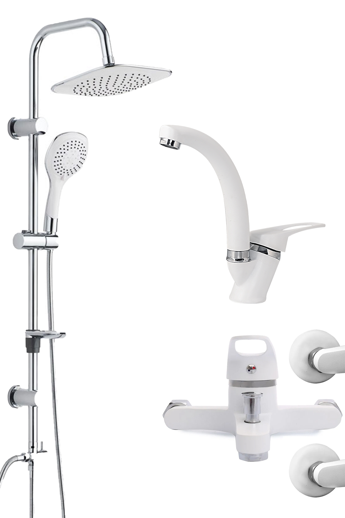 BF56 Beyaz Mix Lavabo Banyo Bataryası Tepe Duş Başlığı Duş Seti Pirinç