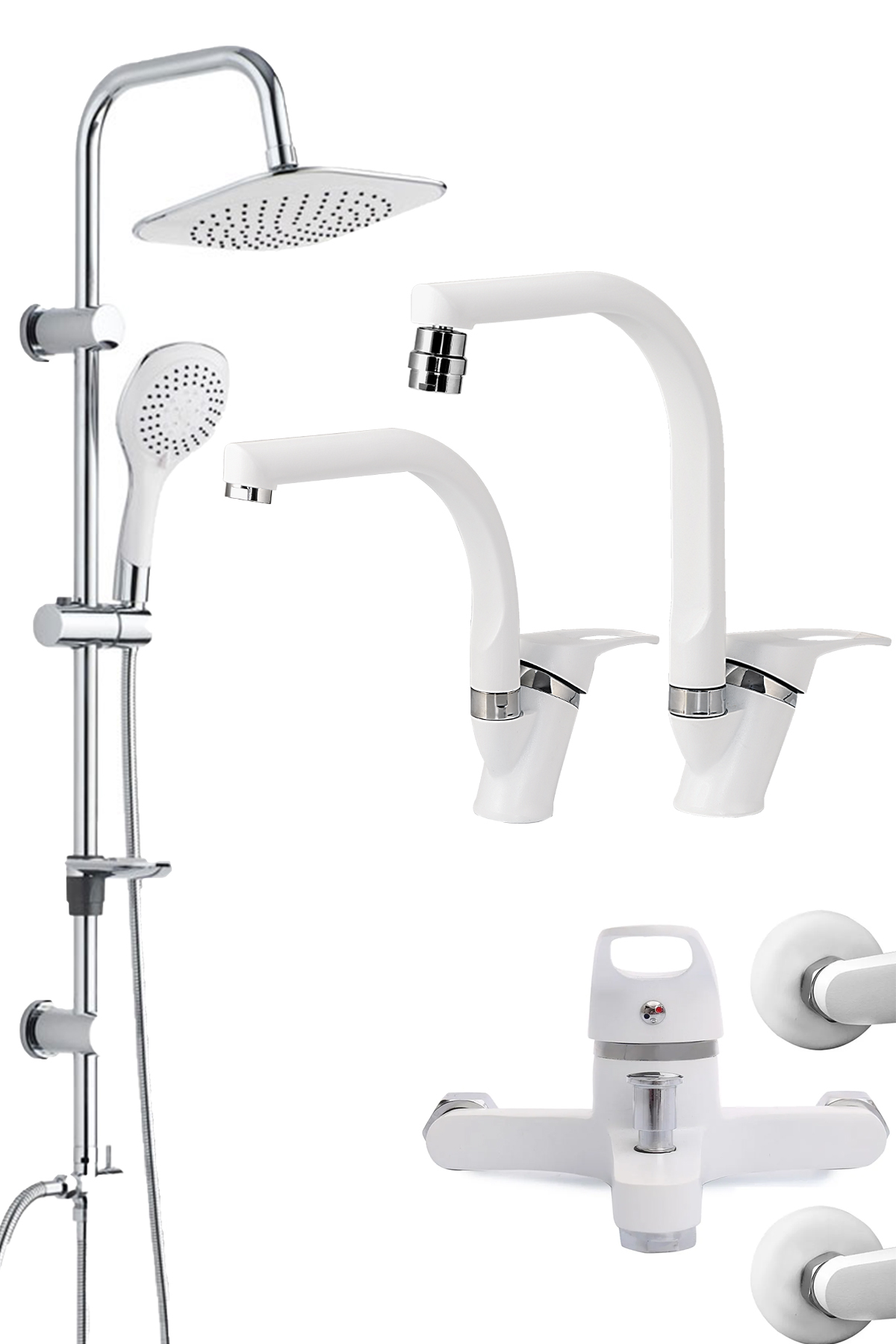 BF47 Beyaz Mix Pirinç Lavabo Banyo Mutfak Bataryası Robot Yağmurlama Duş Seti 