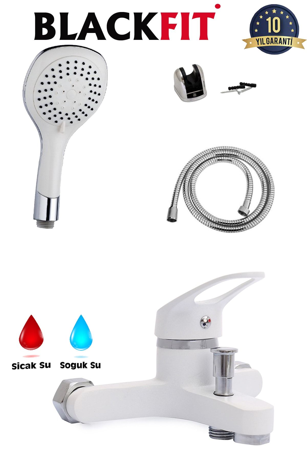 10 Yıl Garantili Mix Beyaz Aç Kapa Çift Su Girişli Banyo Bataryası Ruby Duş Başlığı Set