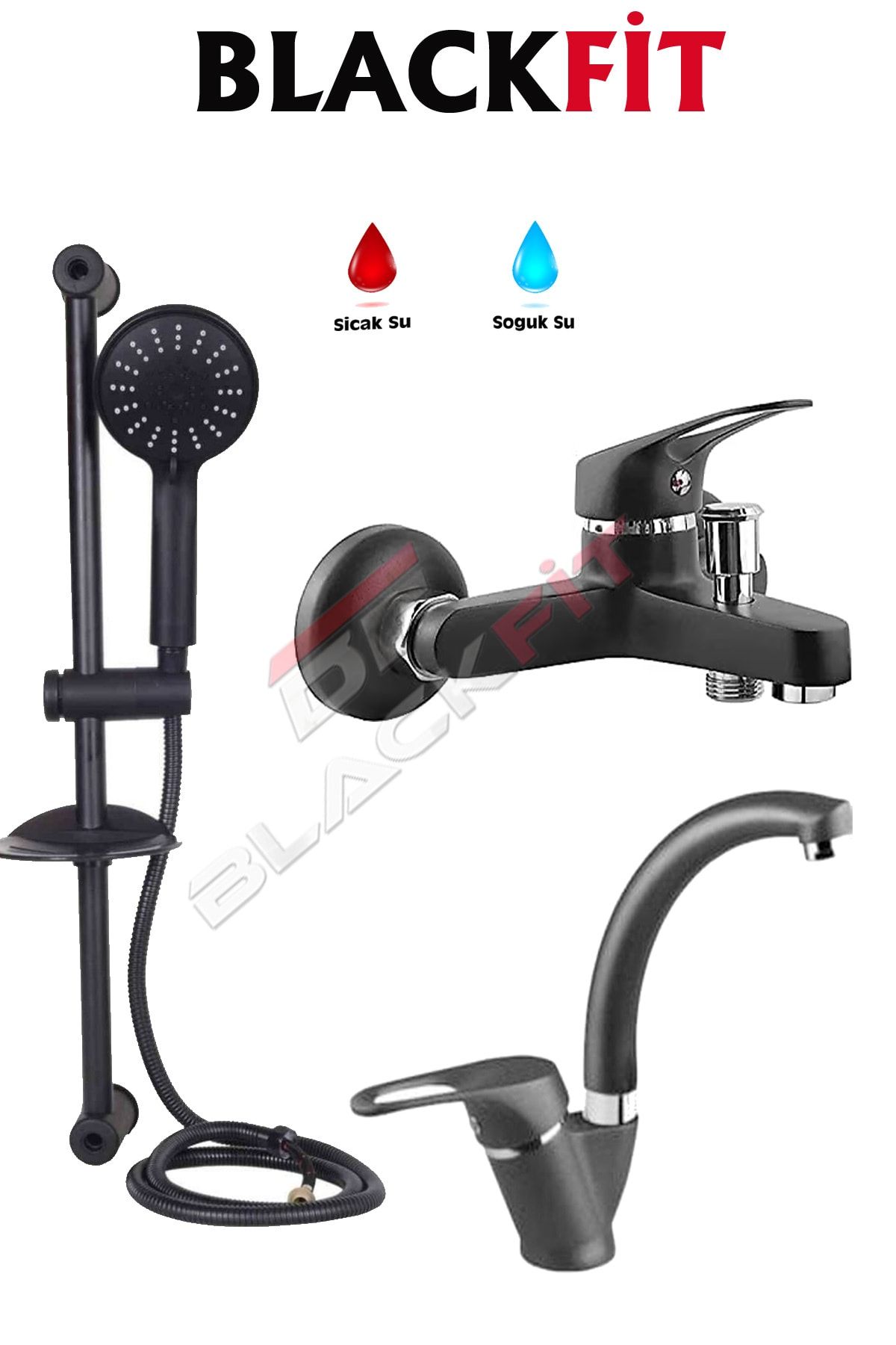 Siyah Sürgülü Duş Seti Duş Başlığı Banyo Seti Lavabo Bataryası Banyo Bataryası 5 Yıl Garantili