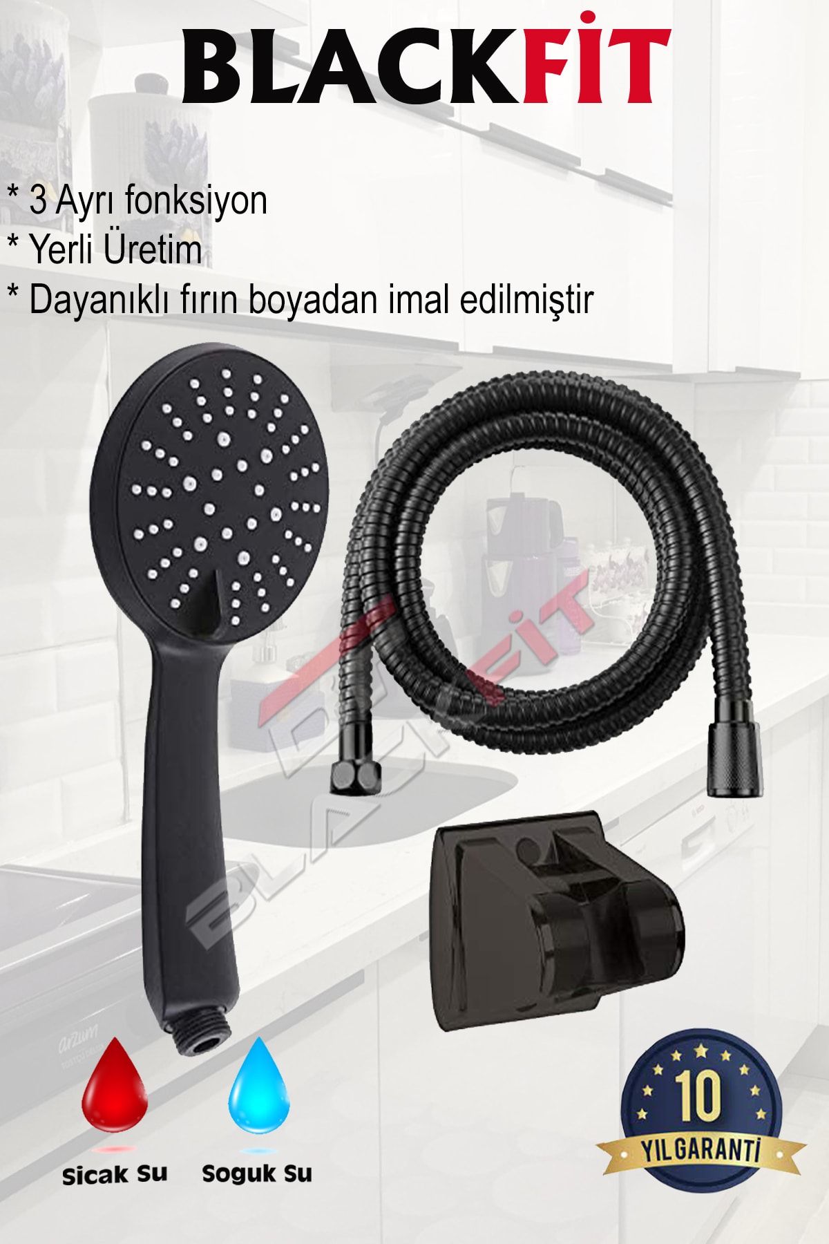 Mat Siyah 3 Fonksiyonlu Tasarruflu Duş Başlığı Hortum Mafsal