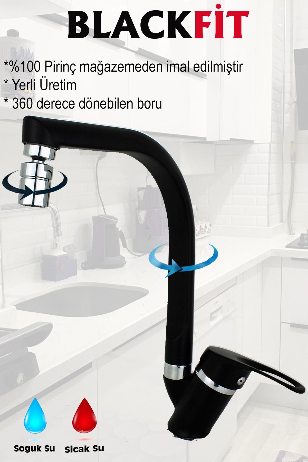 Siyah Mix Mutfak Evye Bataryası 5 Yıl Garantili Aç Kapa Perletörlü Musluk Çeşme