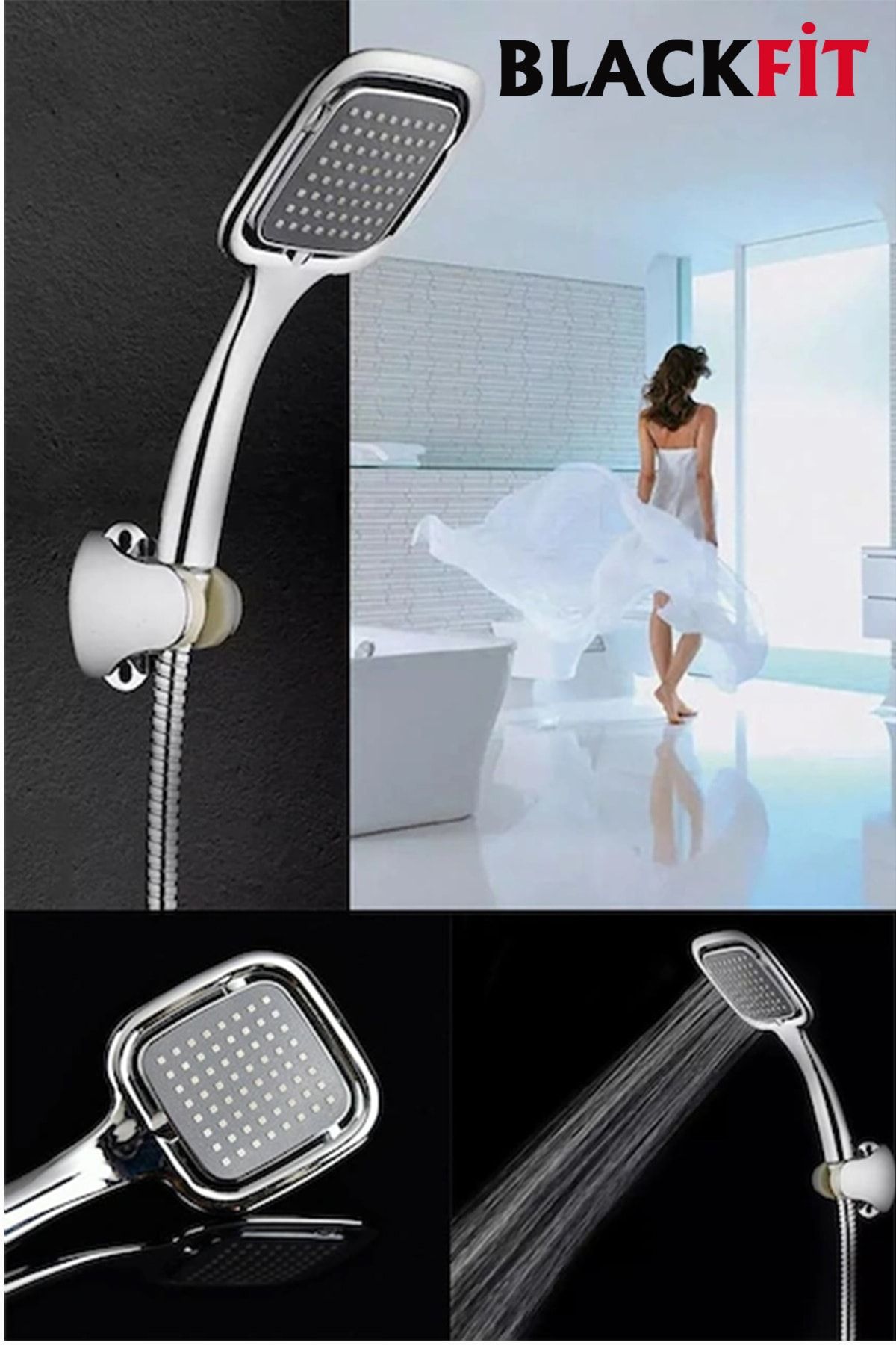 Siyah Kare Banyo Duş Seti Hortum Mafsal Ve Başlık Set Duş Başlığı
