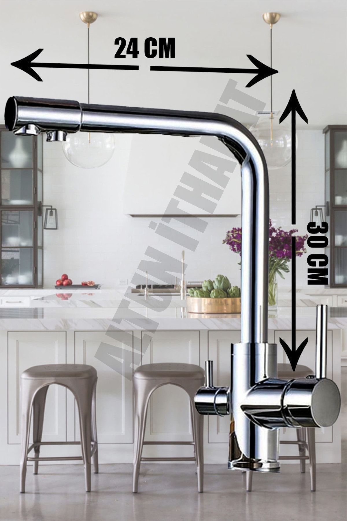 3 Yollu Arıtmalı Sıcak Soğuk Çıkışlı Krom Renk Evye Mutfak Bataryası Arıtmalı Musluk