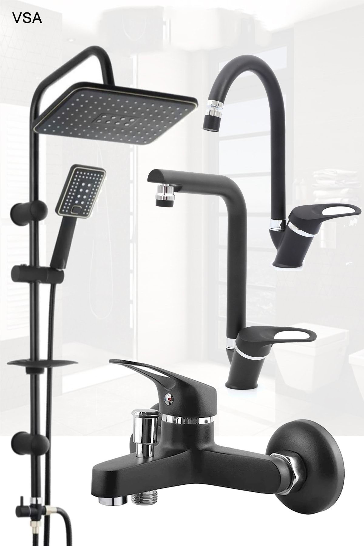Mat Delta Siyah Robot Yağmurlama Tepe Duş Seti Banyo Lavabo Evye Batarya Seti