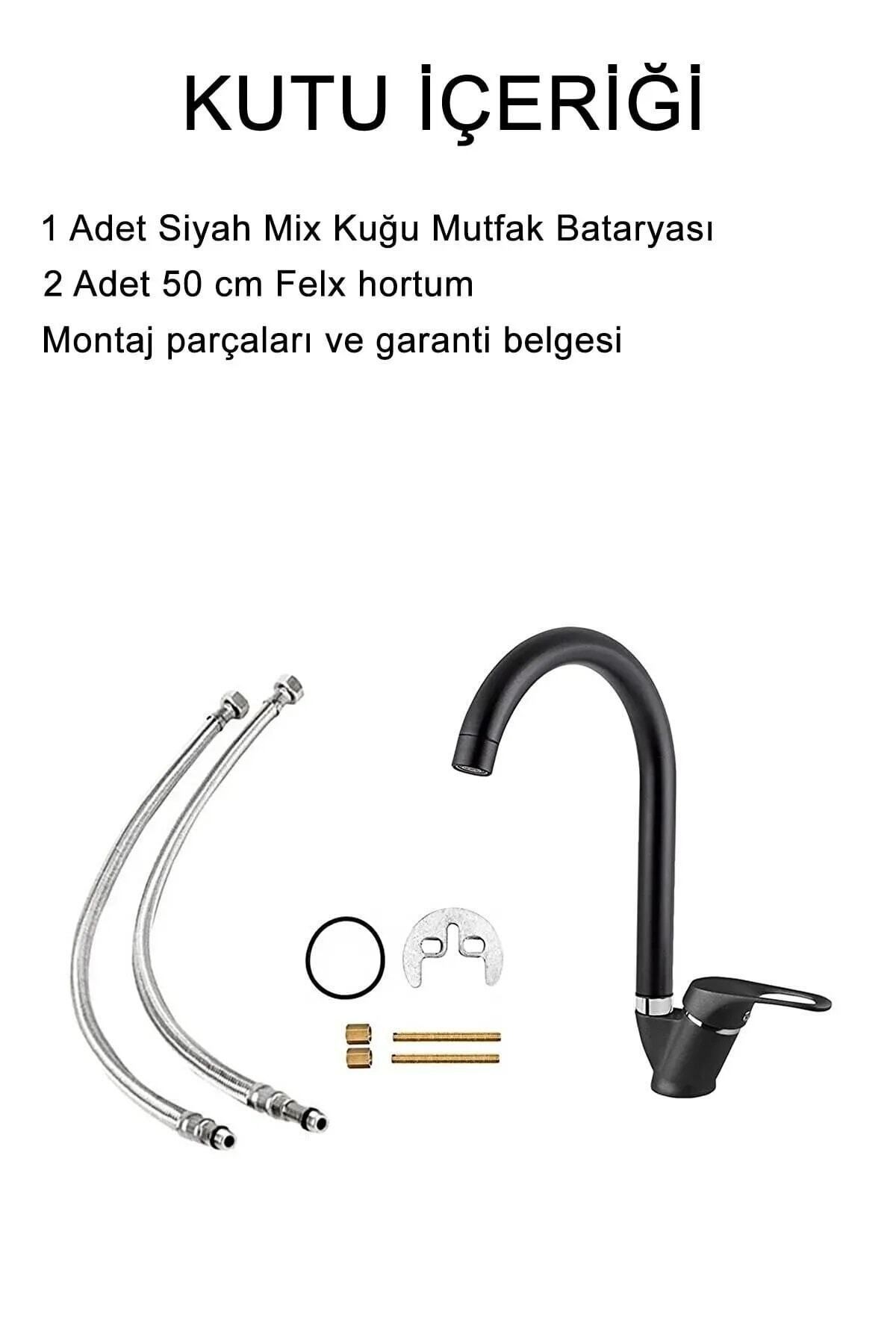 Mat Siyah Mutfak Lavabo Bataryası Aç Kapa Mix Musluk Sıcak Ve Soğuk Su Girişli