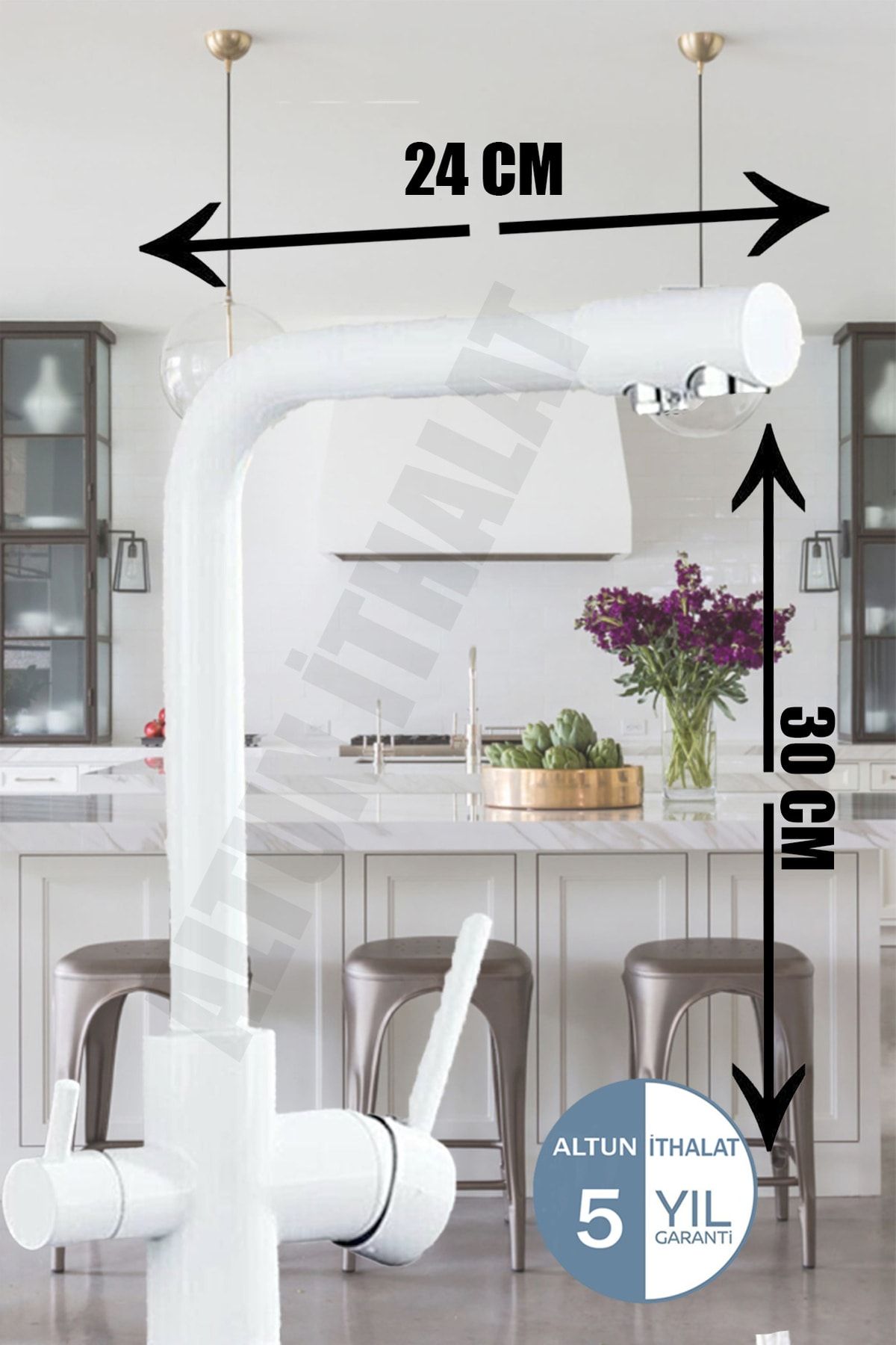 3 Yollu Beyaz Arıtmalı Sıcak Soğuk Çıkışlı Evye Mutfak Bataryası Arıtmalı Musluk