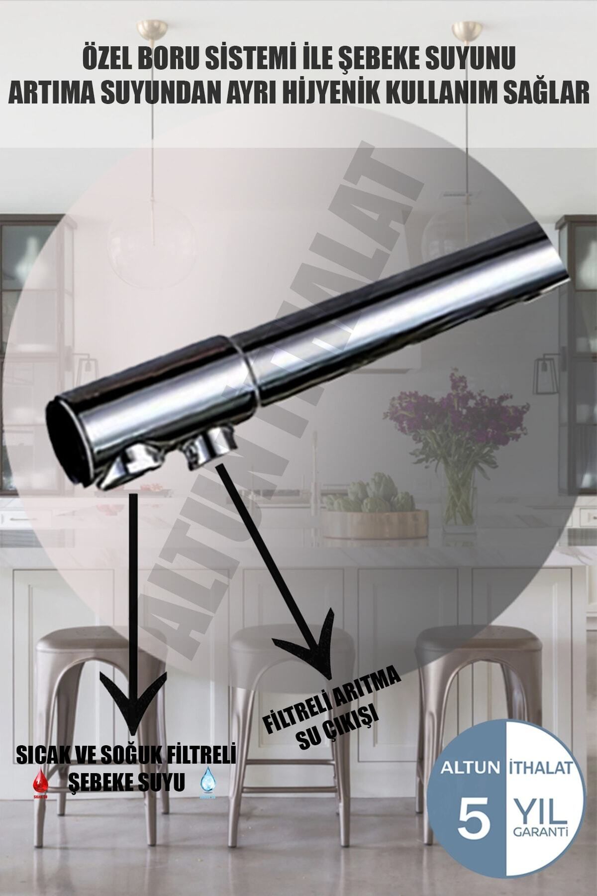 3 Yollu Arıtmalı Sıcak Soğuk Çıkışlı Eviye Mutfak Bataryası Arıtmalı Musluk