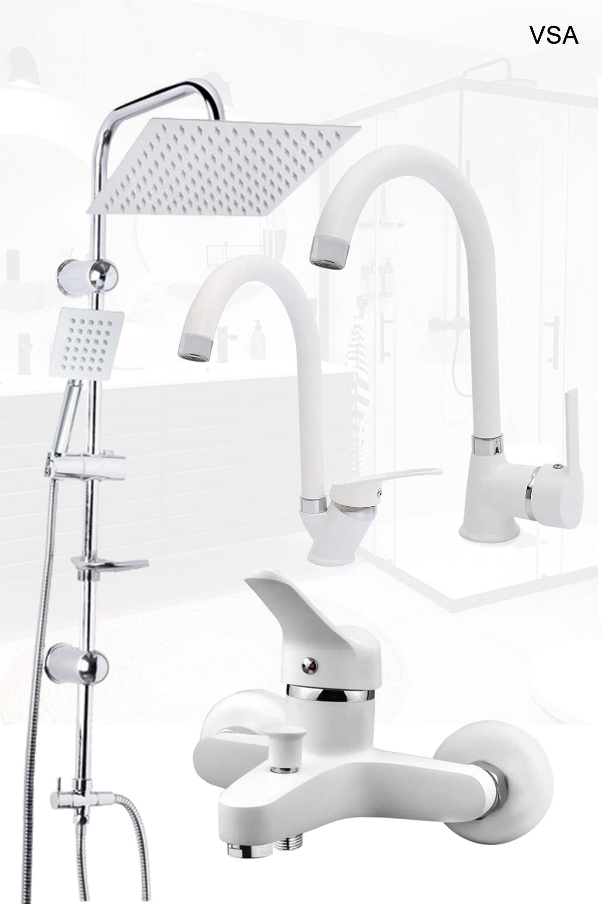 Beyaz Robot Yağmurlama Duş Seti Banyo Mutfak Lavabo Bataryası Pirinç Musluk Seti