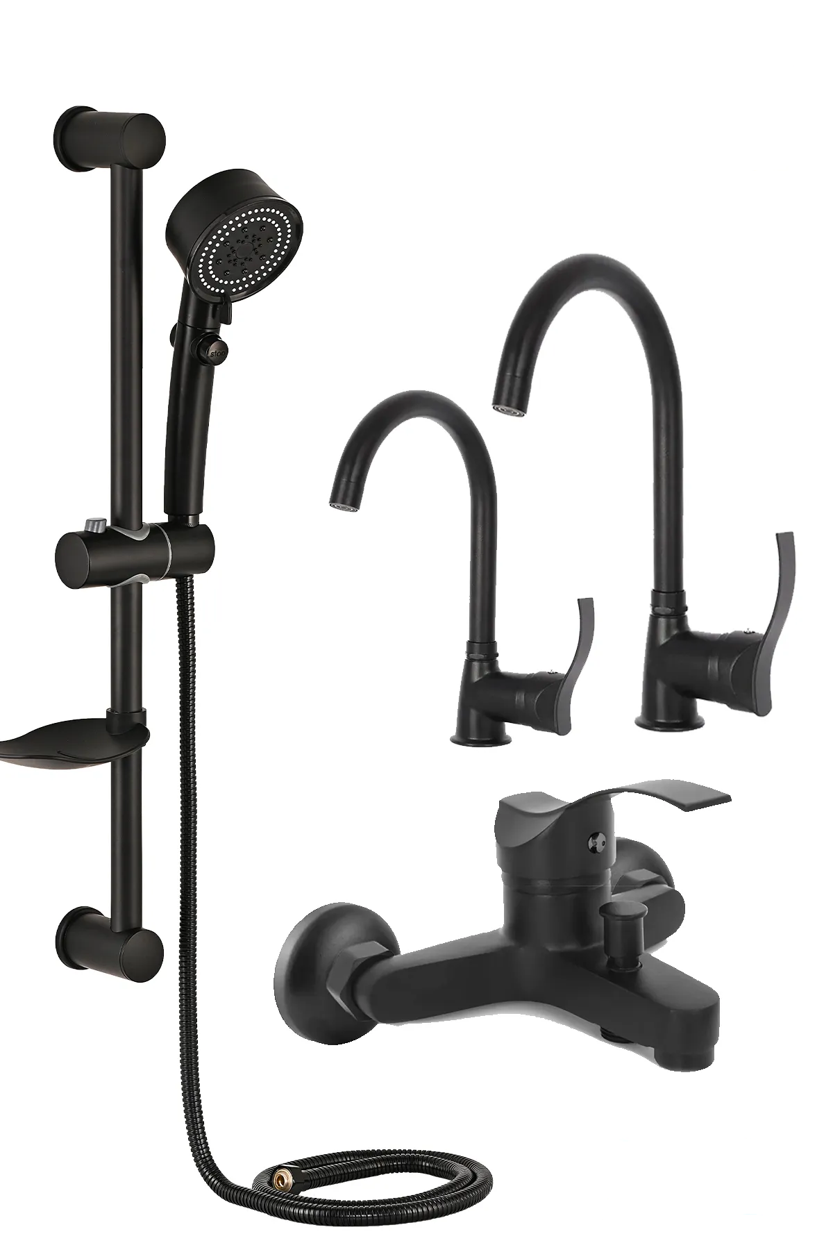 Dalgalı Kol  Siyah Duş Seti Pervaneli Duş Başlığı Duş Çeşmesi Lavabo Mutfak Bataryası