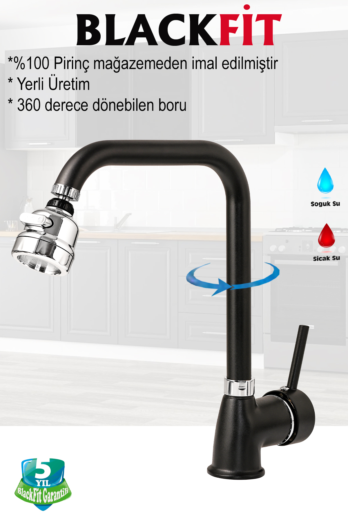Siyah Duş Seti Pervaneli Duş Başlığı Duş Çeşmesi Lavabo Mutfak Bataryası Oynar Başlıklı