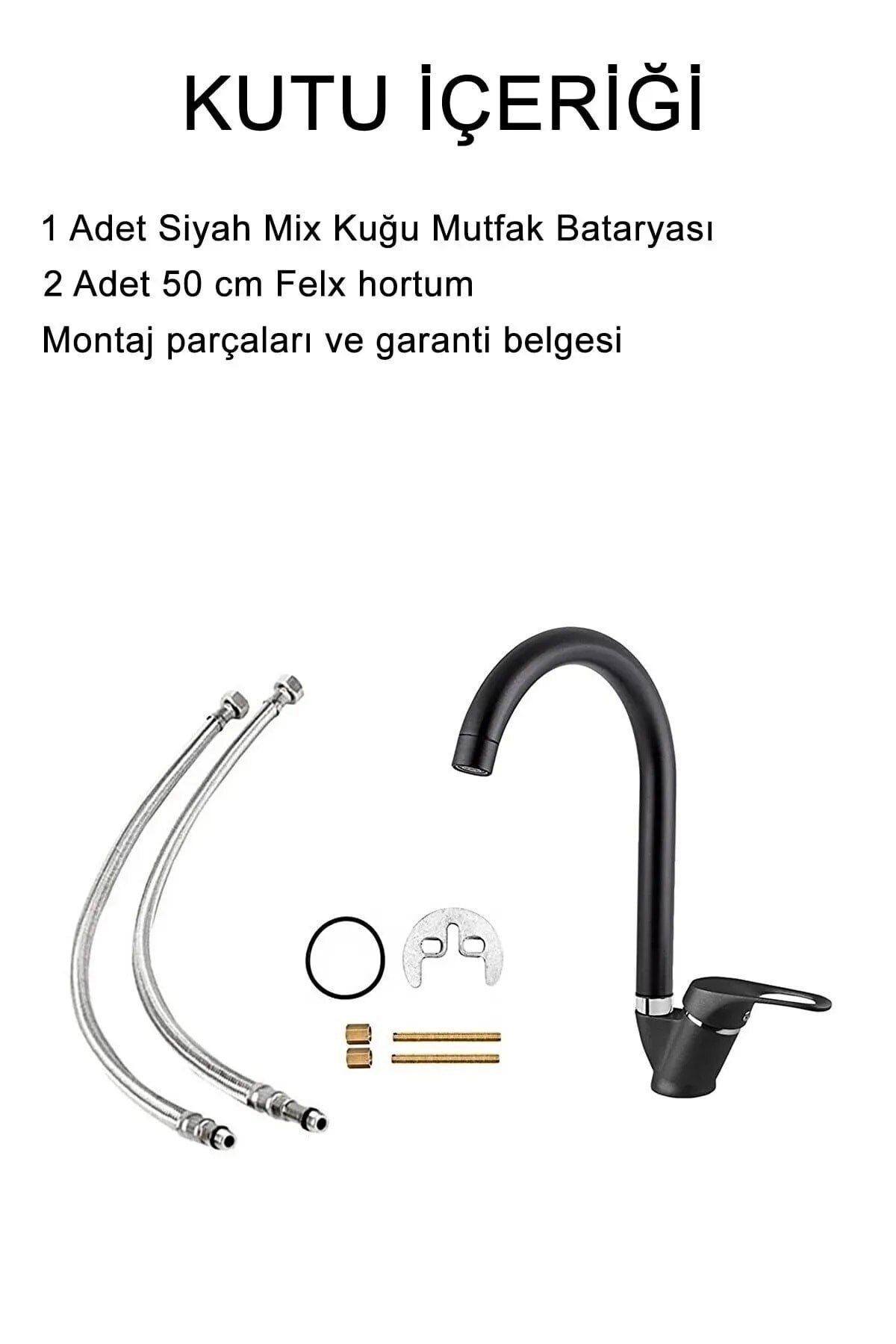 Mat Siyah Mutfak Lavabo Bataryası Aç Kapa Mix Musluk Sıcak Ve Soğuk Su Girişli