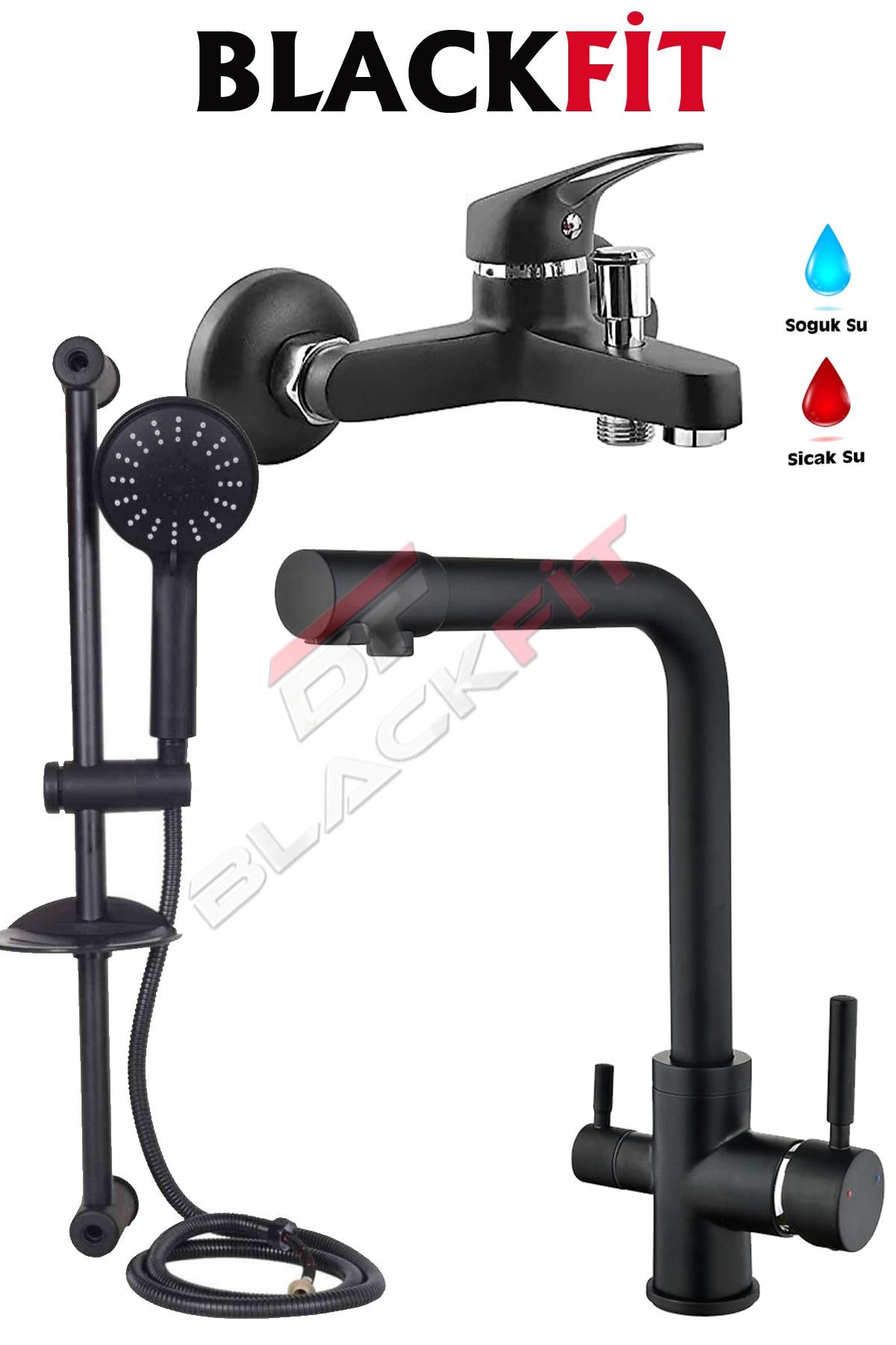 Banyo Siyah Sürgülü Duş Seti Banyo Bataryası Arıtmalı Batarya Lüks Set Garantili