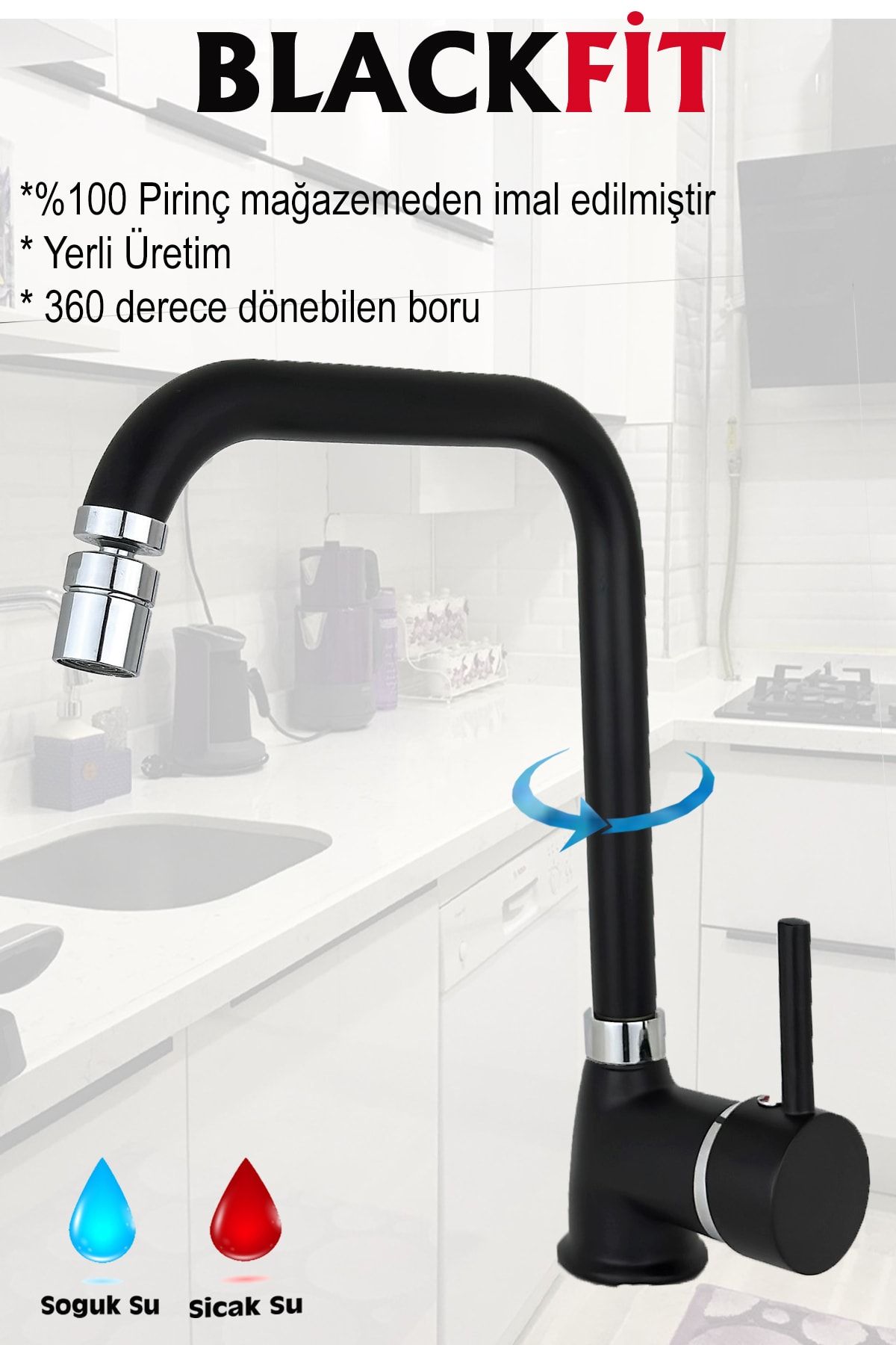 Siyah Mix Banyo Bataryası Çift Su Girişli Lavabo Bataryası Mutfak Bataryası 5 Yıl Garantili